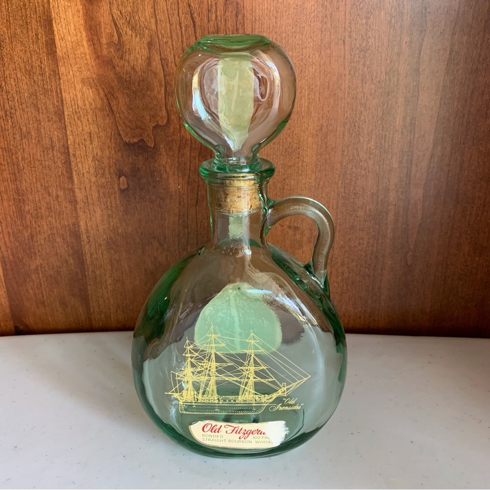 1971 Old Ironsides Old Fitzgerald Green Glass Whiskey Bottle Decanter